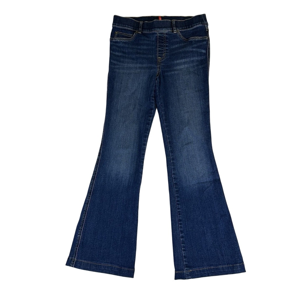 Spanx High Rise Flare Jeans Stretch Denim Pull On Dark Wash Slimming Sz Medium